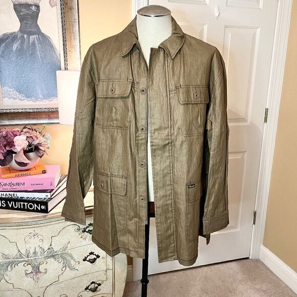 NWOT $695 Faconnable Dark Khaki Waxed Linen Blend Field Jacket Size MEDIUM - Picture 1 of 9